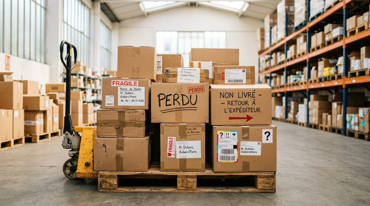 Pile de colis perdus dans un entrepôt de grossiste à Aubervilliers.