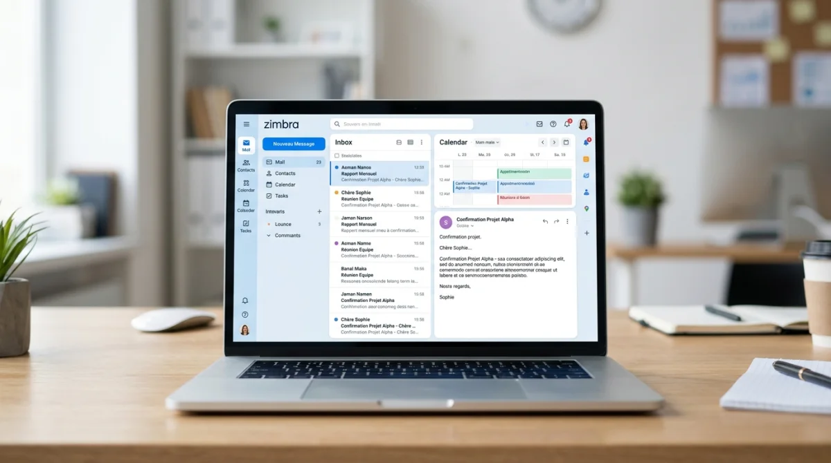 Interface Zimbra moderne sur ordinateur portable dans un bureau professionnel du SDIS 33