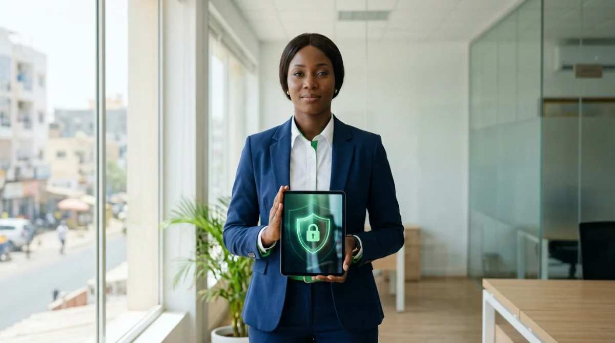 Professionnel dans un bureau à Dakar tenant une tablette avec un bouclier pour la protection des données personnelles.