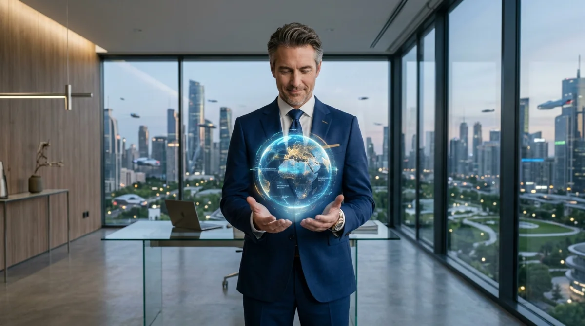 grands entrepreneurs histoire visionnaire 7021 1 Entrepreneur visionnaire observant un globe terrestre holographique, illustrant le succès parmi les plus grands entrepreneurs de l'histoire.