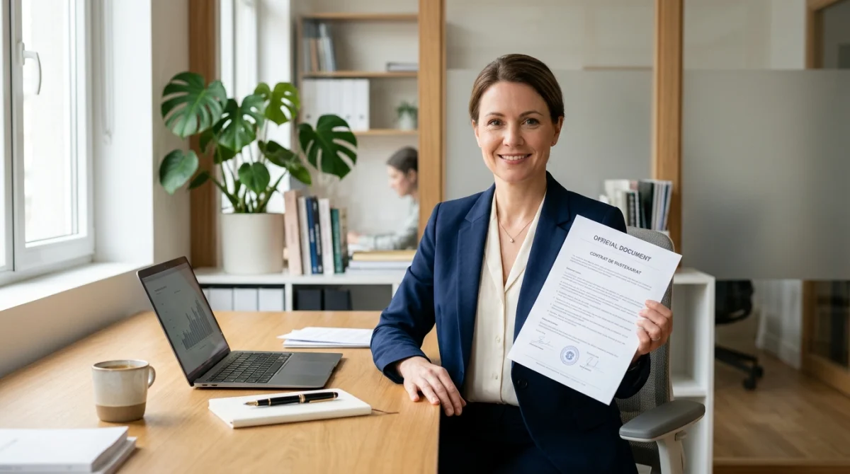 Professionnel souriant tenant une lettre de demande de travail à temps partiel pour raison familiale dans un bureau.