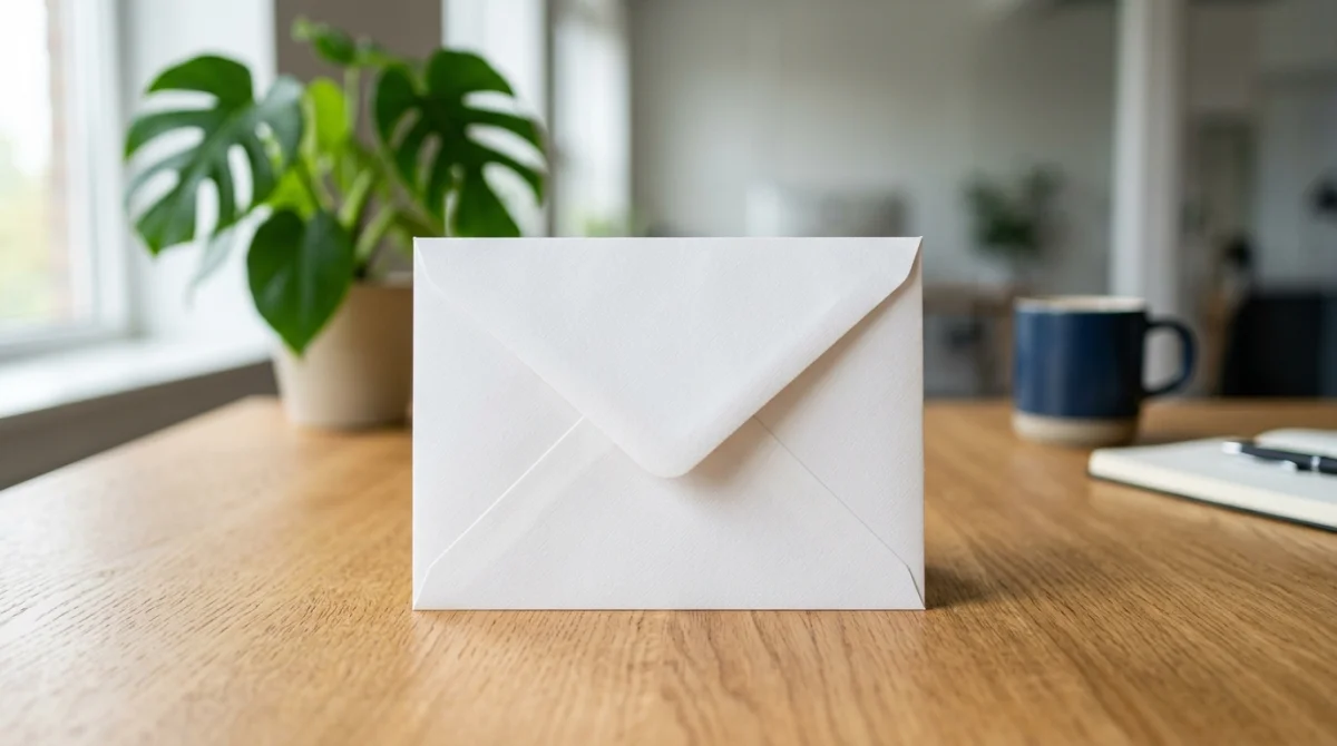 Enveloppe blanche contenant une lettre de démission pour un BTS posée sur un bureau en bois moderne.