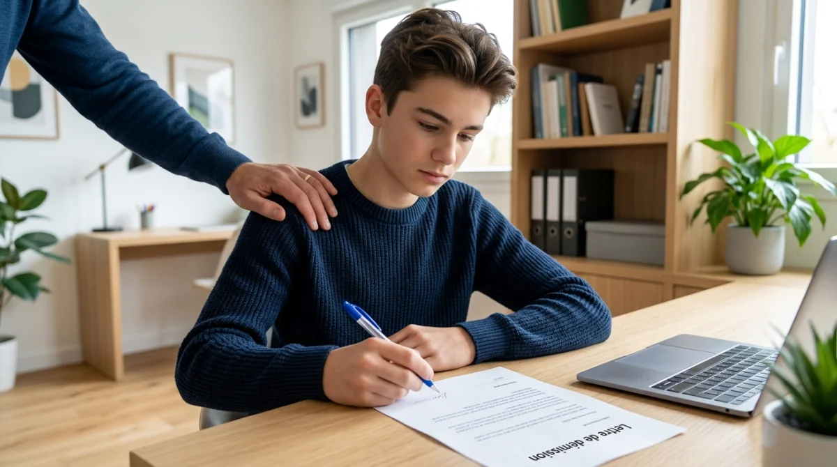 lettre demission etudiant bts d480 1 Étudiant soutenu par un parent lors de la rédaction d'une lettre de démission pour un BTS au bureau.