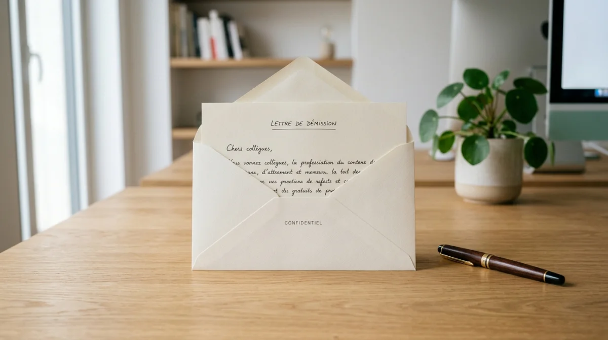 Enveloppe et lettre de démission posées sur un bureau en bois pour une démission dans la fonction publique.