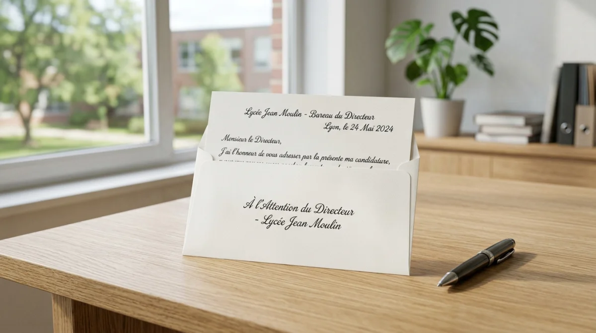 Enveloppe blanche et lettre de démission formelle posées sur un bureau en bois clair dans un lycée.