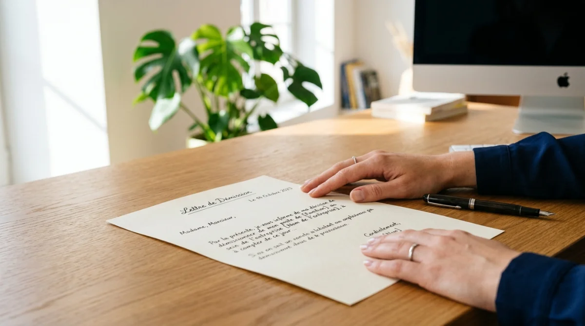 Main posée sur une lettre de démission durant la période d'essai sur un bureau moderne et lumineux.