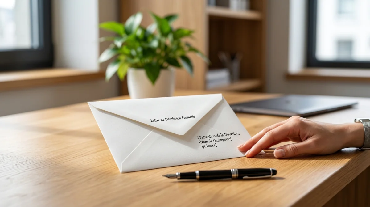 Enveloppe blanche élégante et stylo sur un bureau en bois pour une lettre de démission pour raison personnelle.