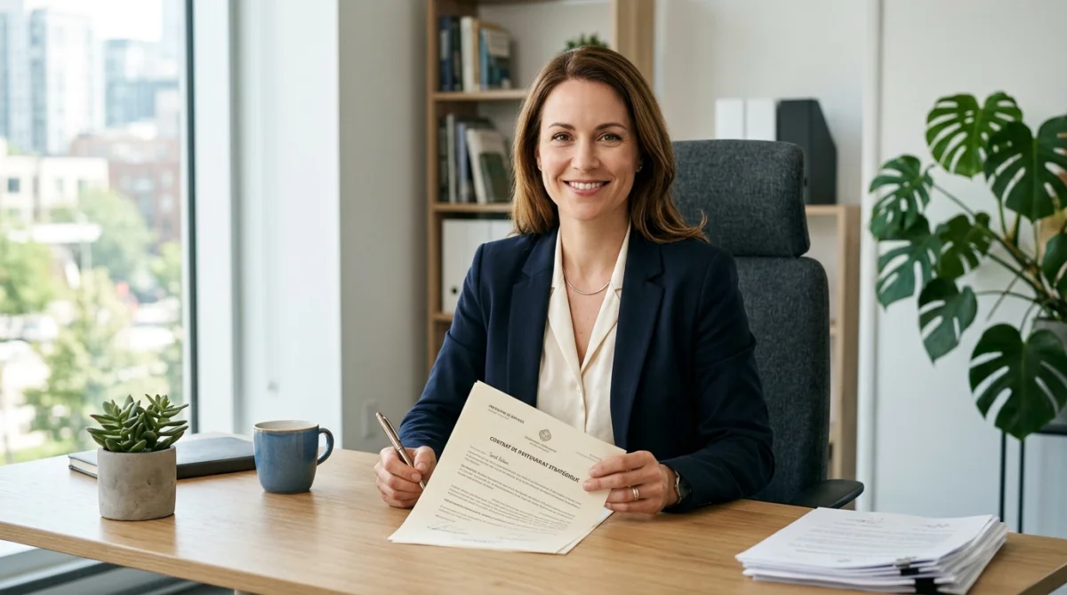 Professionnel souriant remplissant un modèle lettre diminution temps de travail sur un bureau moderne et lumineux.
