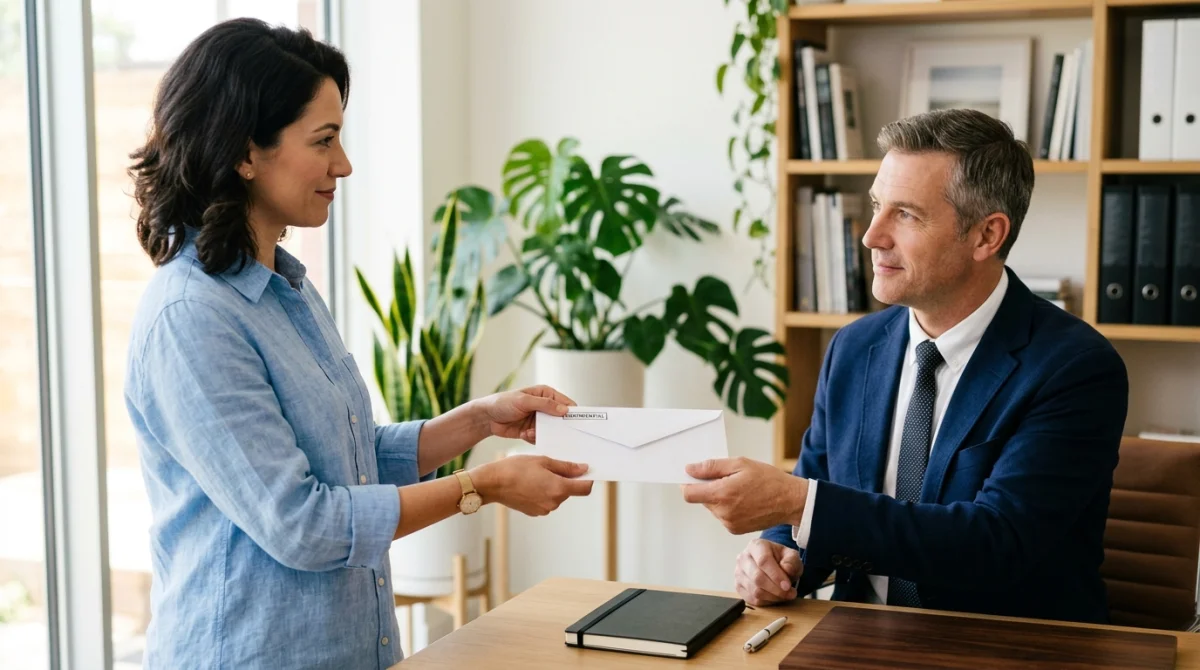 remise lettre demission raison personnelle 7a9d 1 Employé remettant une lettre de démission pour raison personnelle à son manager dans un bureau moderne et professionnel.