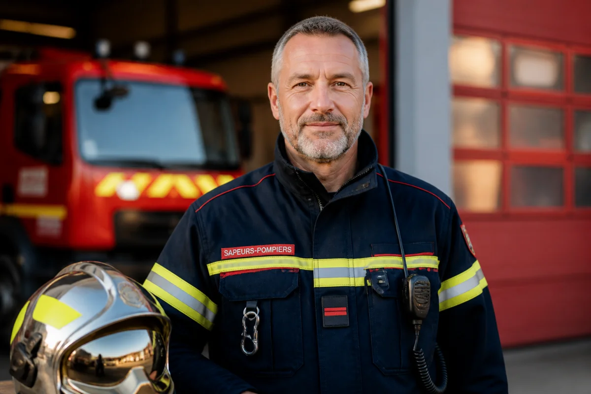 age limite pompier volontaire d5f2 1 Sapeur-pompier volontaire d'âge mûr en uniforme devant une caserne, illustrant jusqu'à quel âge peut on devenir pompier volontaire.