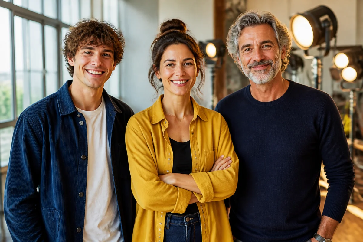 age pour devenir acteur professionnel b1a5 1 Trois acteurs d'âges différents souriants dans un studio pour illustrer à quel âge peut on devenir acteur.