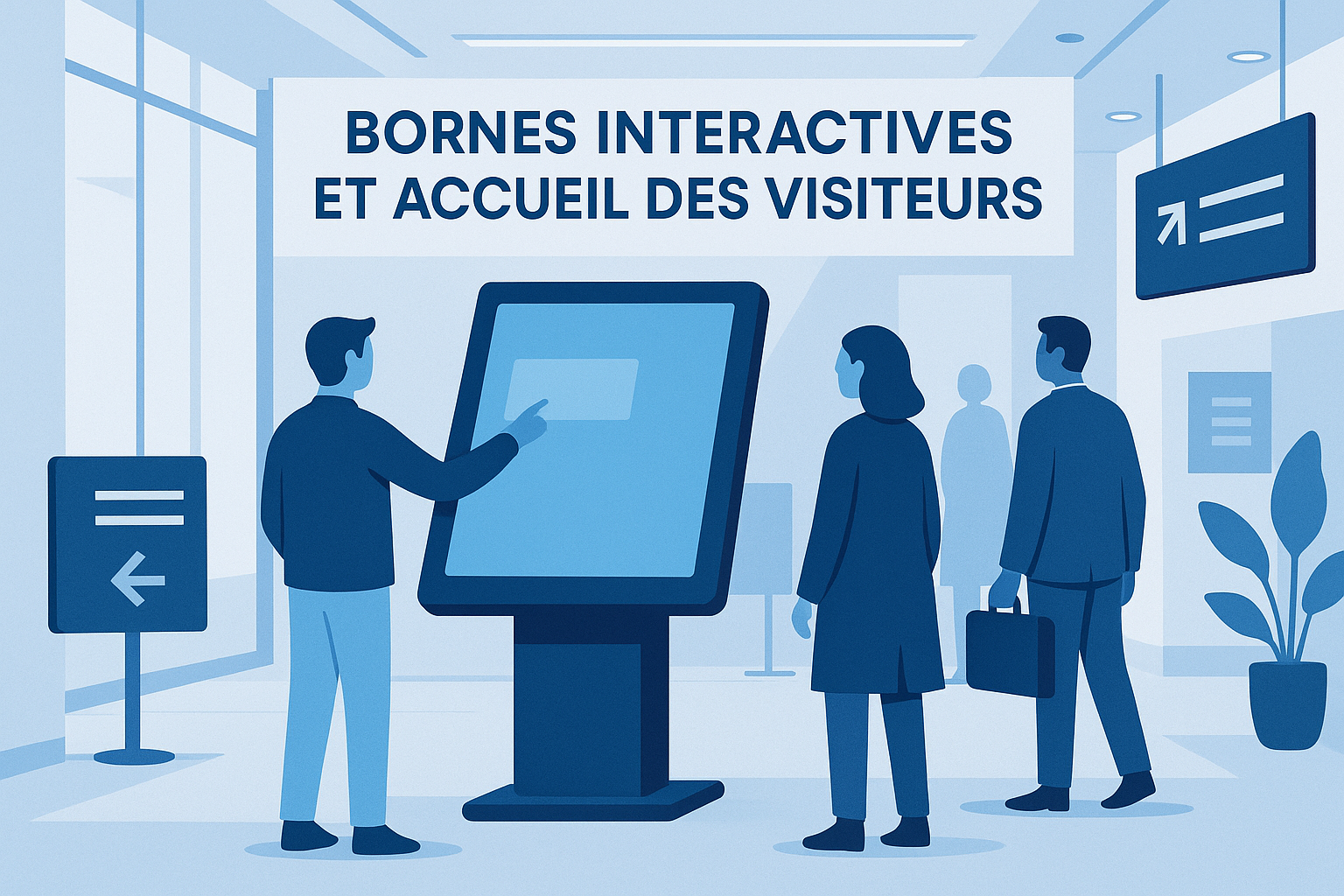 Hall moderne avec bornes interactives et accueil des visiteurs sur écran tactile