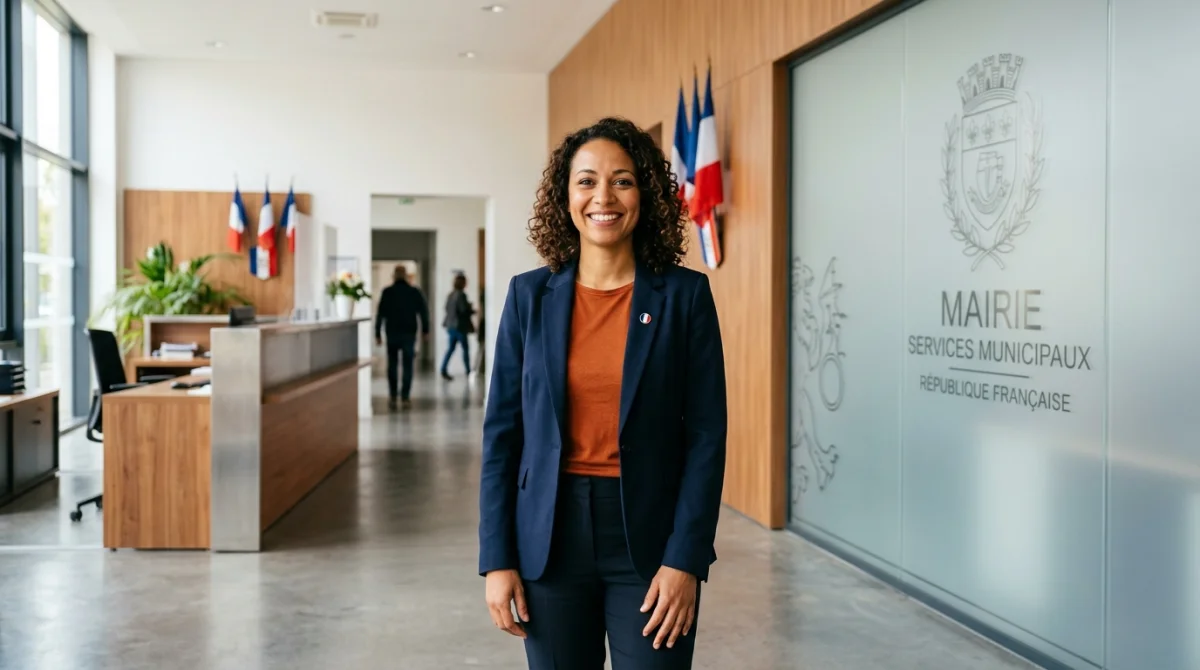 Citoyen souriant et engagé dans une mairie, illustrant la prise de fonction d'un nouveau conseiller municipal.