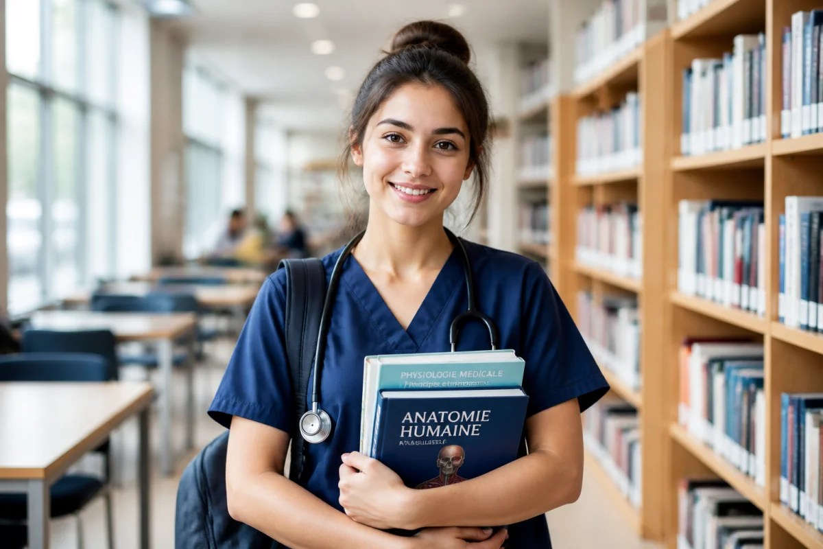 Étudiante en santé souriante tenant des manuels dans une bibliothèque, illustrant le parcours vers le métier de sage-femme.