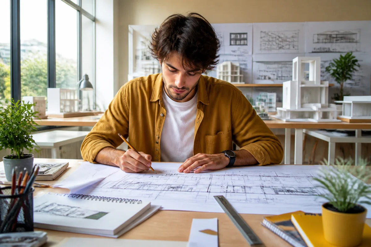 etudiant architecture bac std2a d3cf 1 Étudiant en architecture travaillant sur des plans dans un atelier moderne, illustrant les débouchés du bac STD2A.