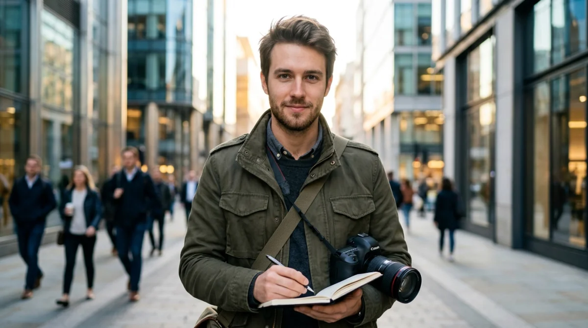 Jeune journaliste reporter indépendant avec appareil photo et carnet dans une rue urbaine pour devenir journaliste sans diplôme.