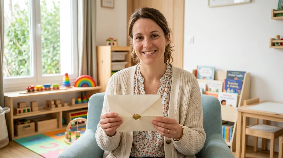 Assistante maternelle souriante tenant une lettre de démission dans un espace de garde d'enfants lumineux et chaleureux.
