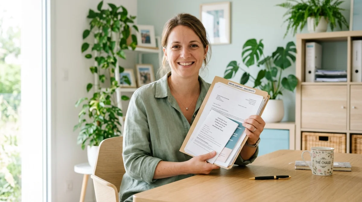Assistante maternelle souriante tenant une lettre de démission officielle dans un bureau lumineux et professionnel.