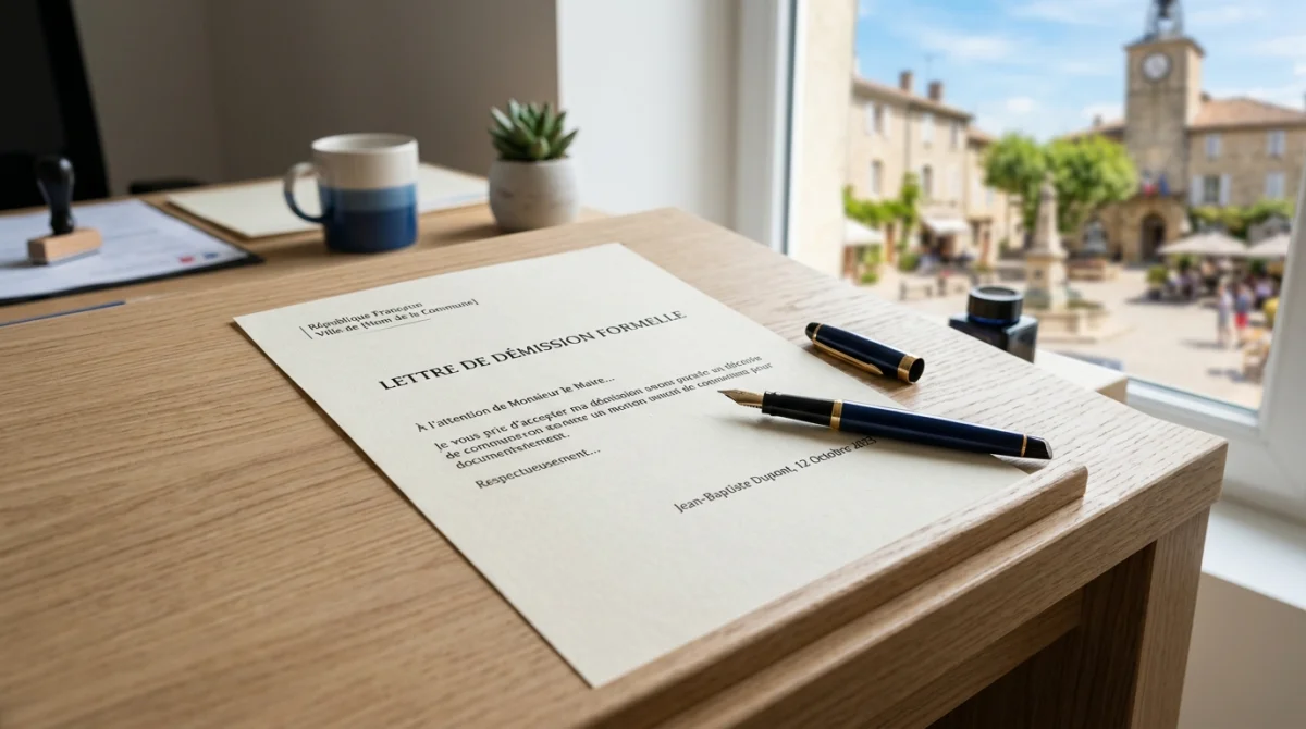 Lettre de démission de conseiller municipal formelle posée sur un bureau en bois avec un stylo plume élégant.