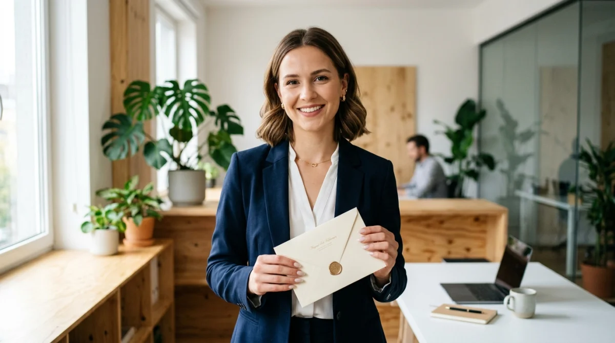 Jeune professionnel confiant tenant une lettre de démission pour un contrat d'apprentissage dans un bureau moderne et lumineux.