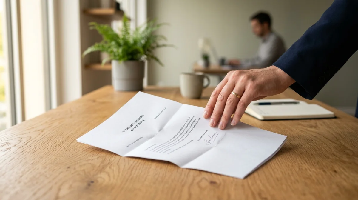 Une main déposant une lettre de démission propre sur une table en bois dans un bureau épuré.