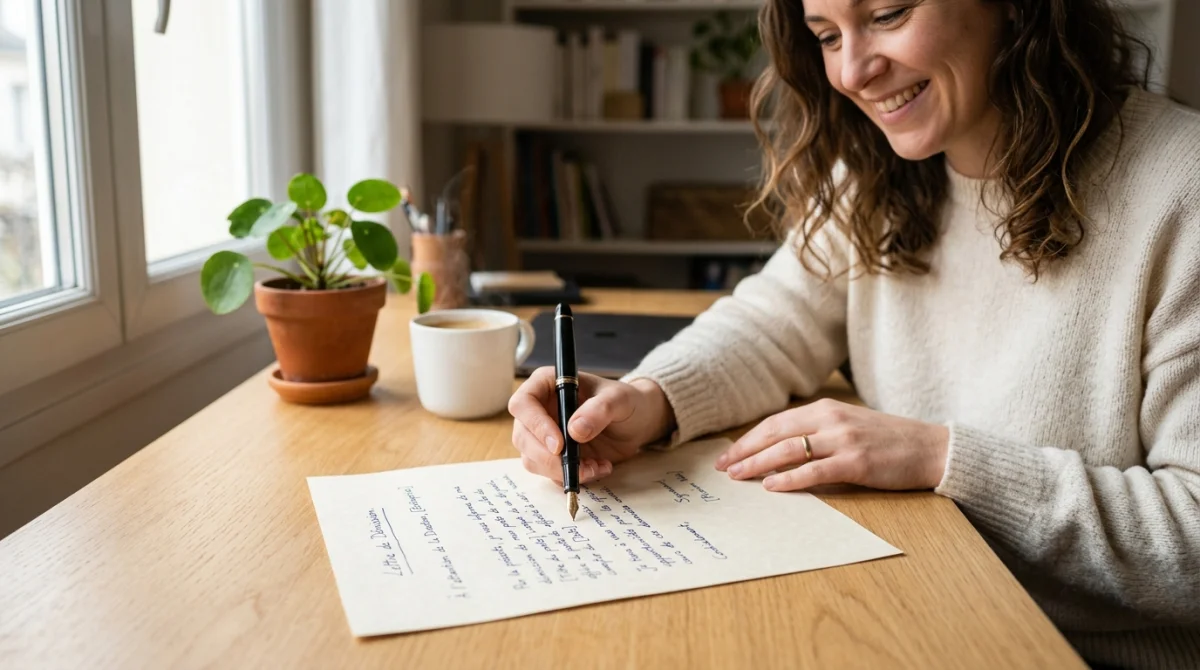 Personne souriante signant une lettre de démission pour reconversion professionnelle sur un bureau en bois clair.