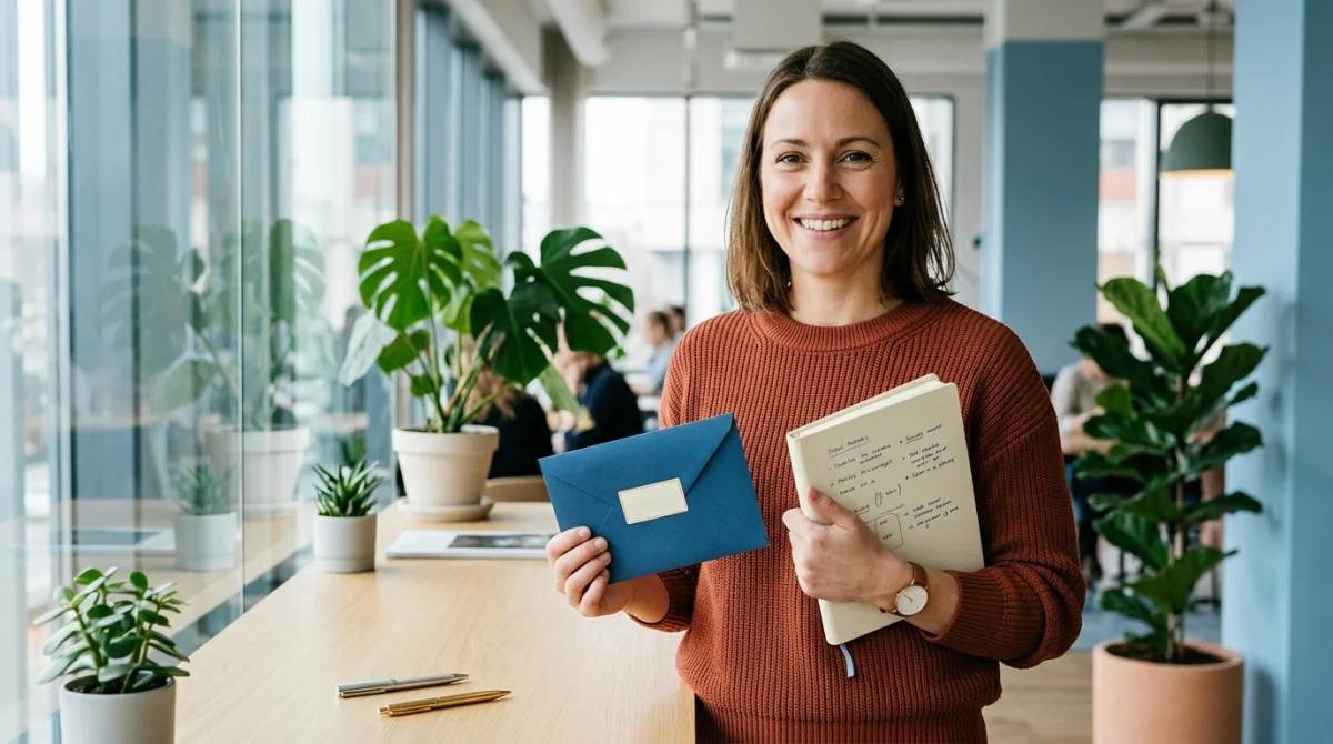Personne souriante tenant une lettre de démission dans un espace de travail moderne pour une reconversion professionnelle réussie.