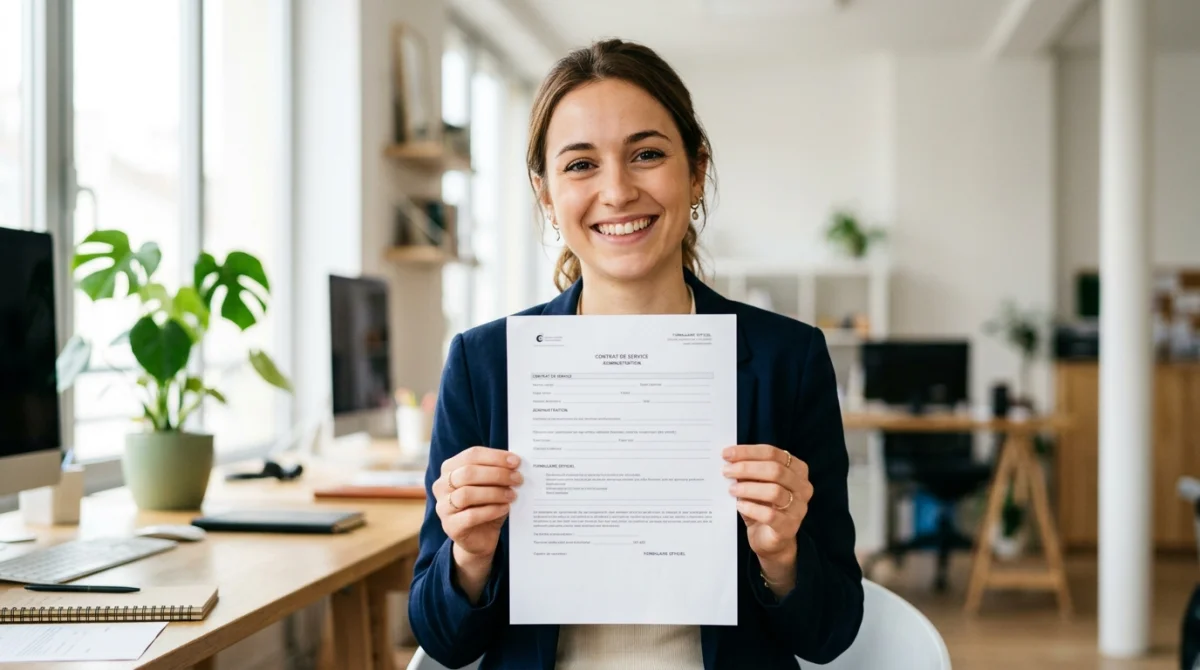 modele lettre demission service civique d2b0 1 Jeune volontaire souriant tenant une lettre de démission pour un service civique dans un bureau professionnel lumineux.
