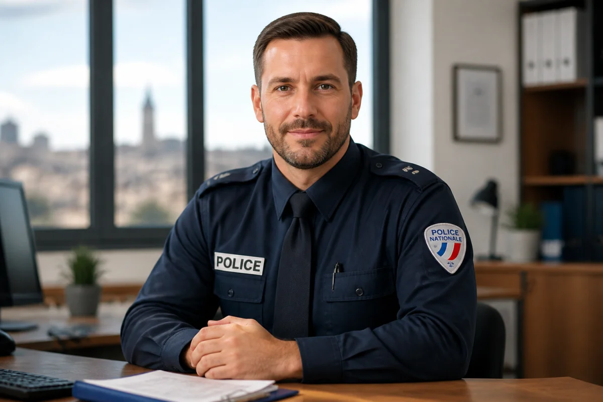 Portrait d'un policier souriant dans un bureau, illustrant les conditions pour devenir policier avec un casier judiciaire.