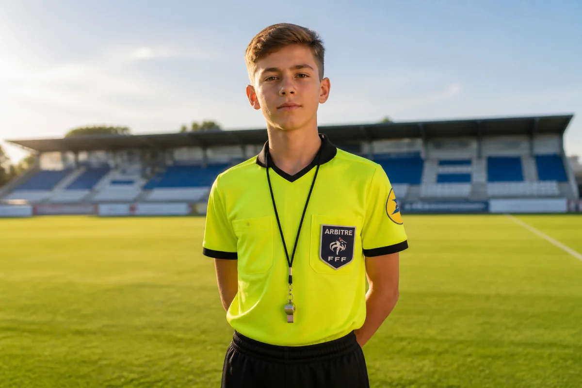 Jeune arbitre adolescent en maillot officiel sur un terrain de football pour illustrer à quel âge devenir arbitre.