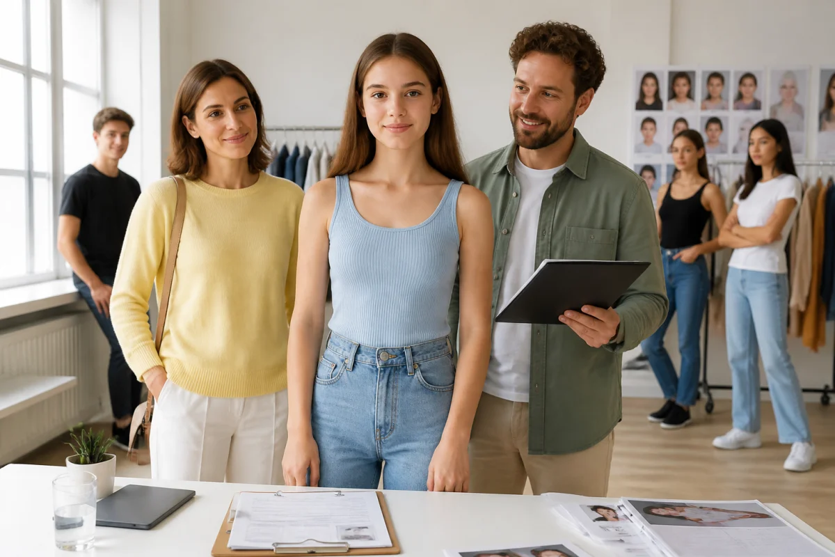 age devenir mannequin casting ef91 1 Jeune mannequin de 16 ans accompagné d’un parent et d’un professionnel dans un studio de casting lumineux