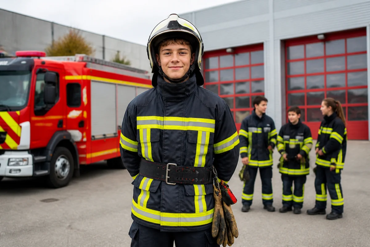 Jeune sapeur-pompier de 15 ans en tenue de protection devant une caserne et un véhicule d’intervention rouge