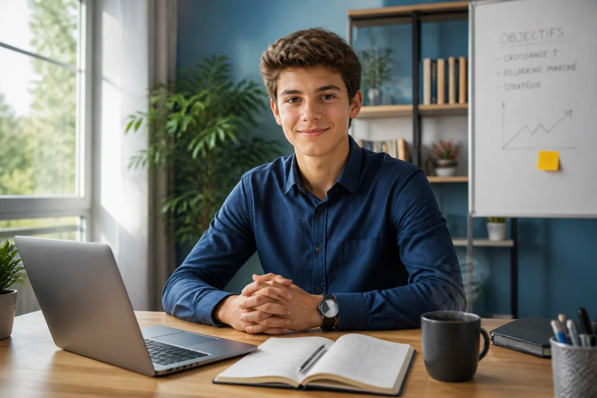 Jeune entrepreneur confiant travaillant sur son ordinateur dans un bureau moderne pour illustrer à quel âge peut on devenir auto entrepreneur.