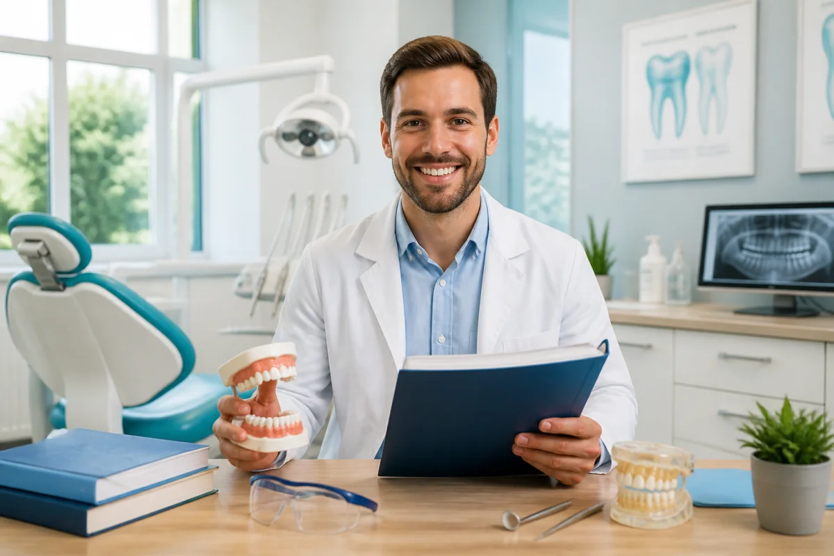 Adulte en reconversion vers la dentisterie, blouse blanche et modèle de mâchoire dans un cabinet dentaire moderne