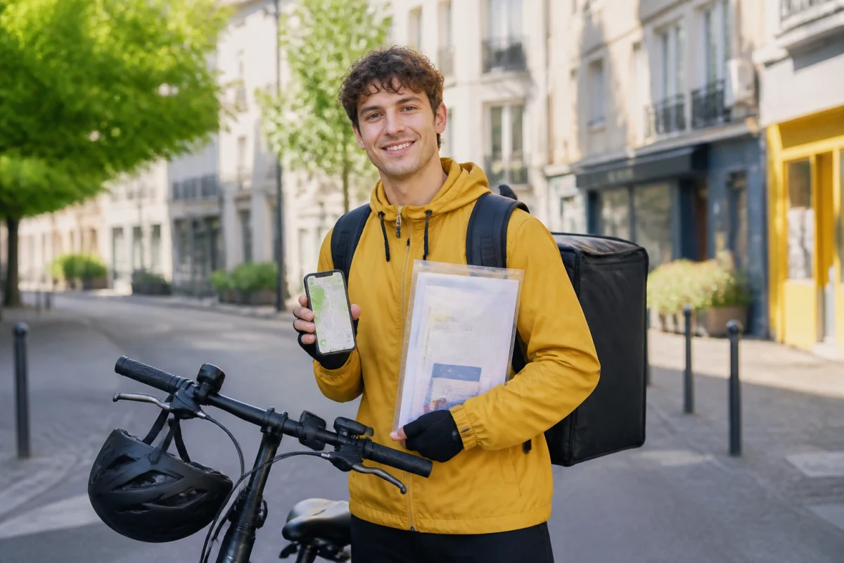 jeune livreur uber eats velo 09b9 1 Jeune livreur à vélo électrique tenant des documents administratifs dans une rue urbaine française, dès 18 ans