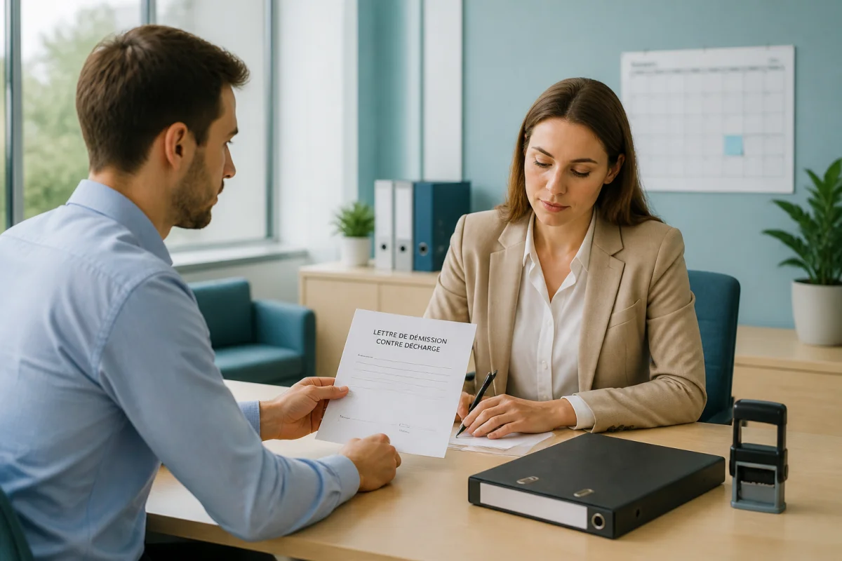 Salarié remettant une lettre de démission contre décharge à une responsable RH qui la signe au bureau