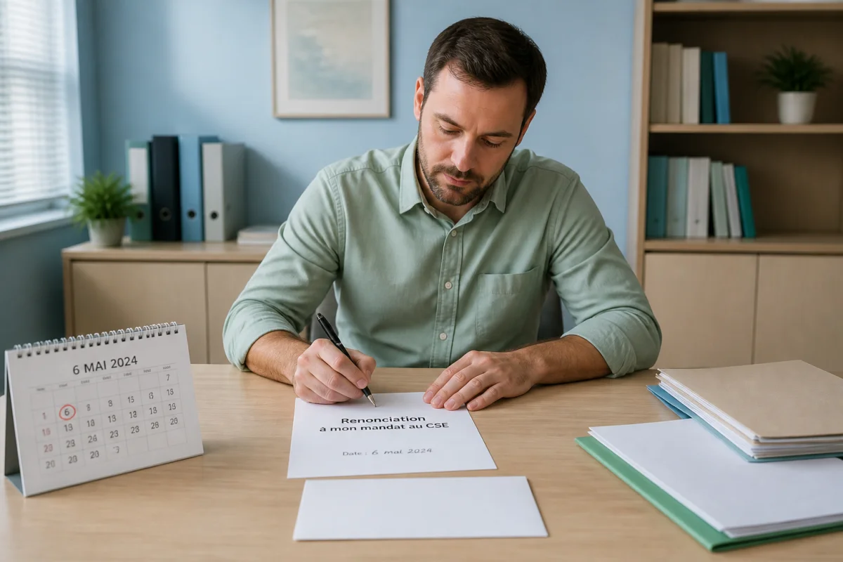Salarié élu au CSE rédigeant une lettre de démission datée dans un bureau professionnel contemporain