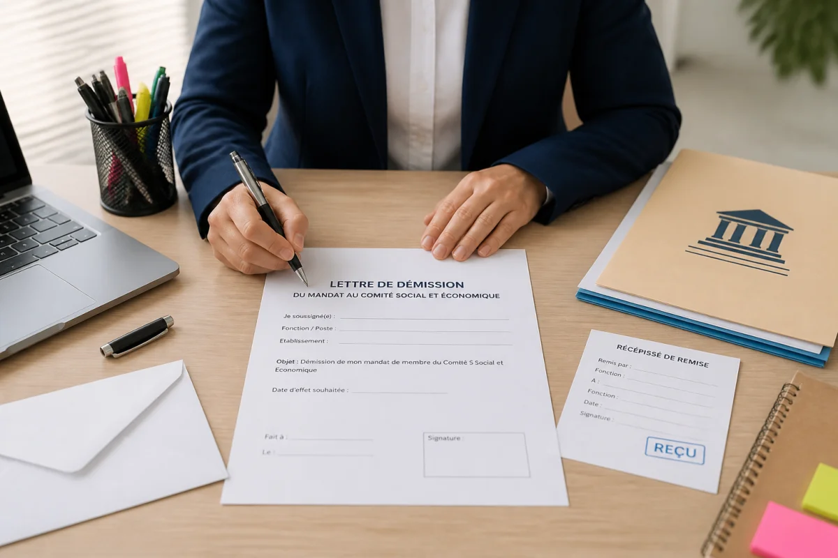 lettre demission cse modele c154 1 Salariée rédigeant une lettre de démission du CSE sur un bureau professionnel avec dossier administratif et récépissé