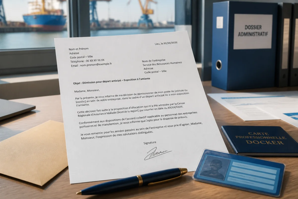 Lettre de démission pour départ anticipé amiante avec dossier administratif et carte professionnelle de docker sur un bureau portuaire