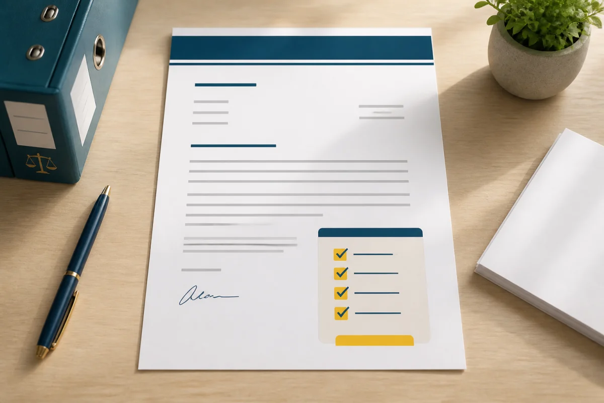 Lettre de démission en droit local avec checklist des mentions obligatoires, stylo et classeur juridique sur bureau lumineux
