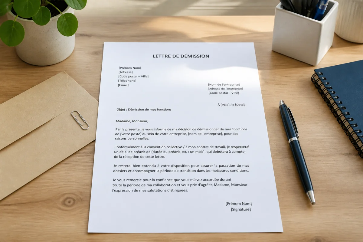 lettre demission droit local edd8 1 Lettre de démission en droit local personnalisable sur bureau administratif, accompagnée d’un stylo et de fournitures de papeterie
