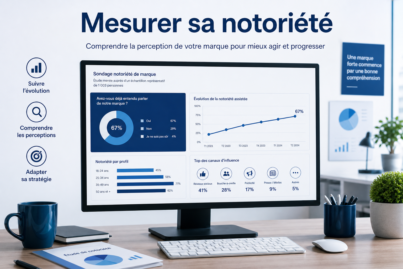 Mesurer la notoriété de marque en bureau marketing