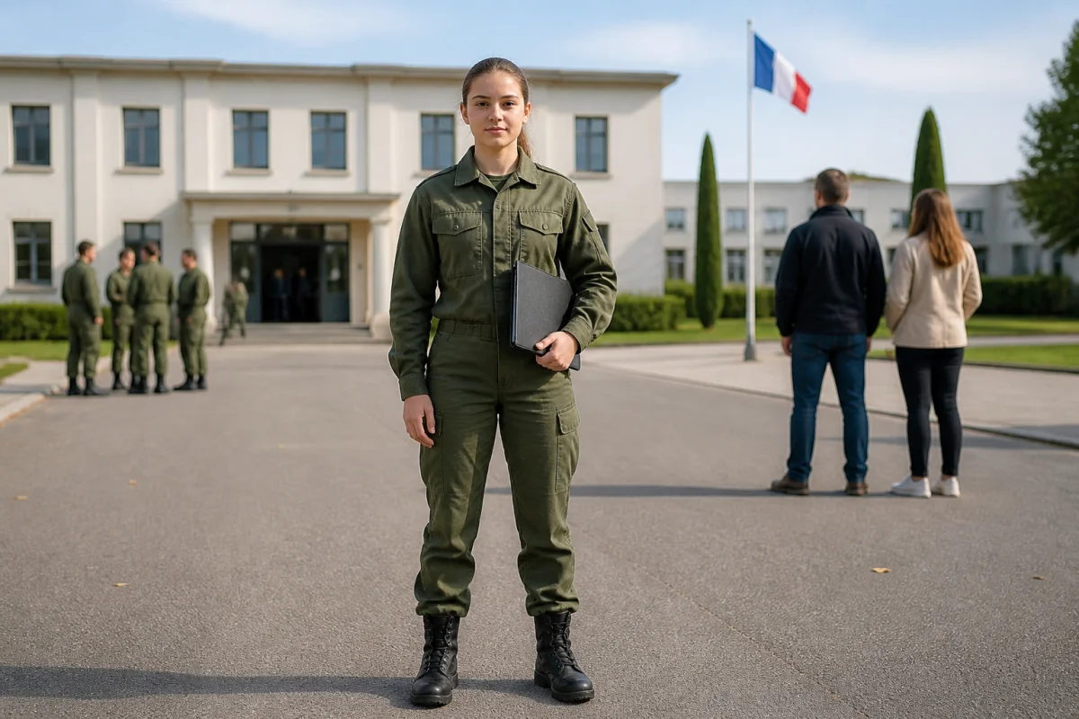a quel age devenir militaire france f59e 1 Jeune candidate militaire française de 17 ans et demi devant une base militaire, dossier de candidature en main, encadrée par un adulte