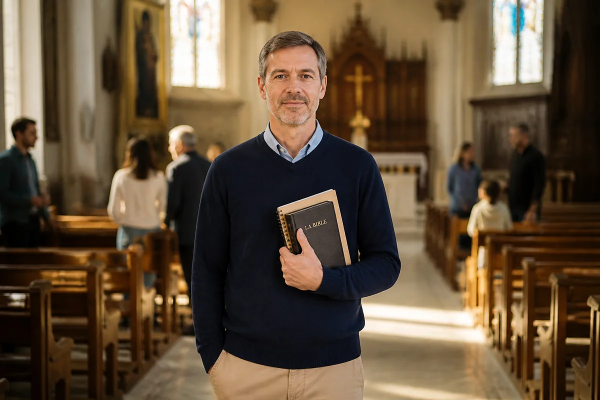 Homme mûr en discernement vocationnel dans une église, tenant une Bible, illustrant l’âge pour devenir prêtre