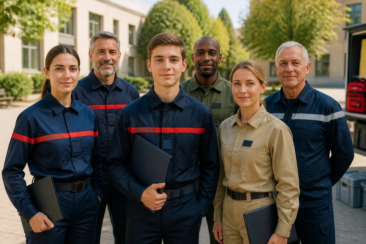 Groupe de réservistes d’âges variés, dont un jeune de 17 ans, devant un centre de formation civique