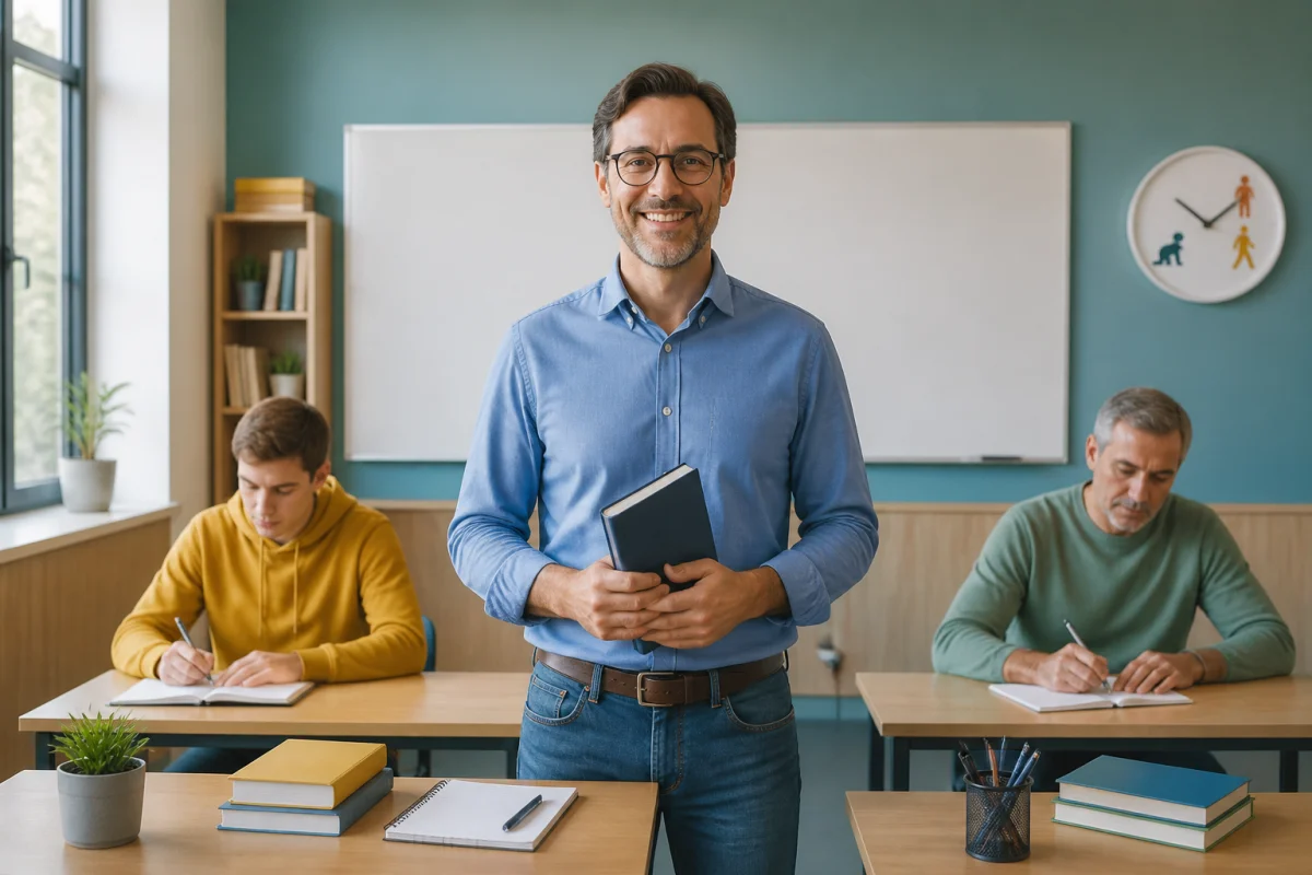 age devenir professeur reconversion professionnelle c2f0 1 Professeur souriant en classe illustrant à quel âge peut-on devenir prof, du débutant à la reconversion professionnelle