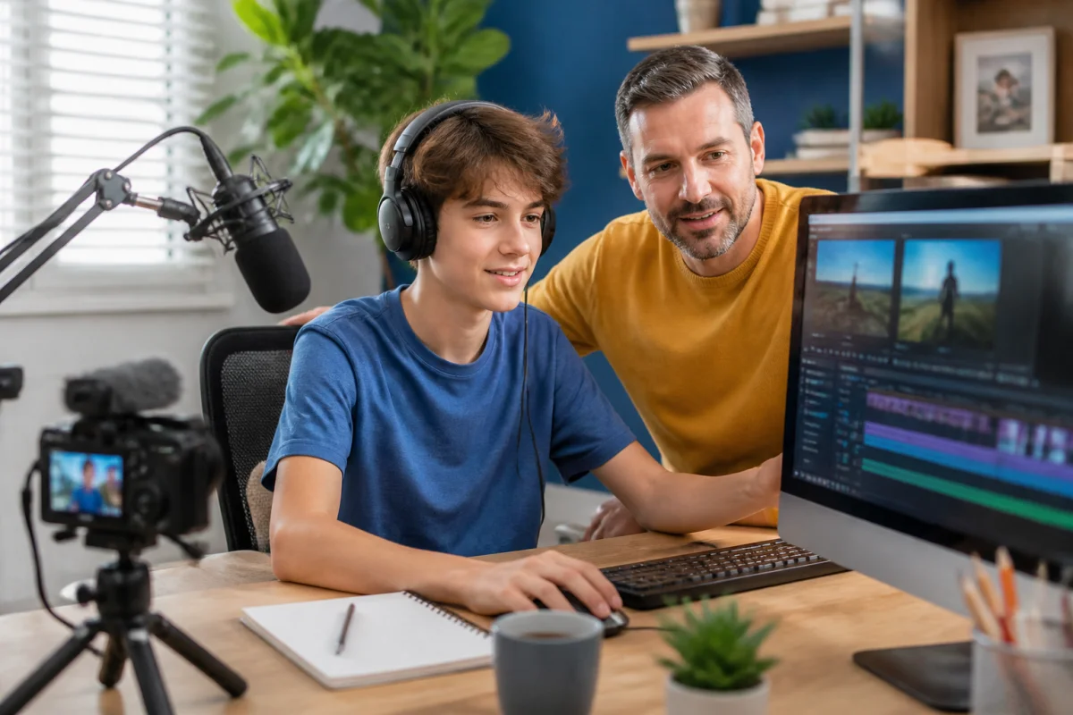 Adolescent de 13 ans créant une chaîne YouTube avec l’aide d’un parent devant un ordinateur équipéd’un microphone