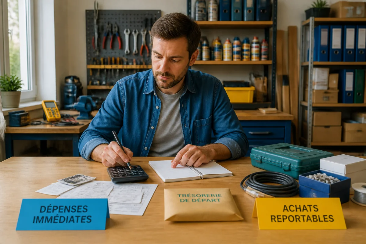 Artisan préparant le budget pour ouvrir une entreprise artisanale, entouré de factures, outils et réserve de trésorerie