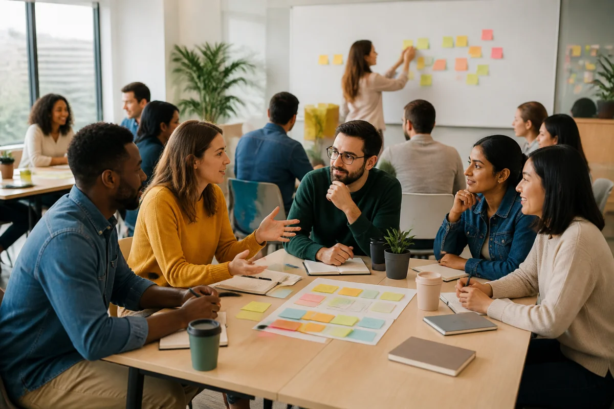 Équipe diverse collaborant autour d’un atelier créatif pour renforcer la cohésion d’équipe en entreprise