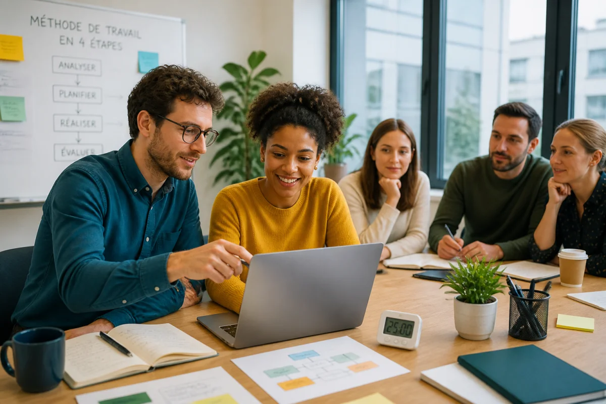 Collègues collaborant autour d’un ordinateur portable, illustrant la cohésion d’équipe en entreprise dans un bureau lumineux